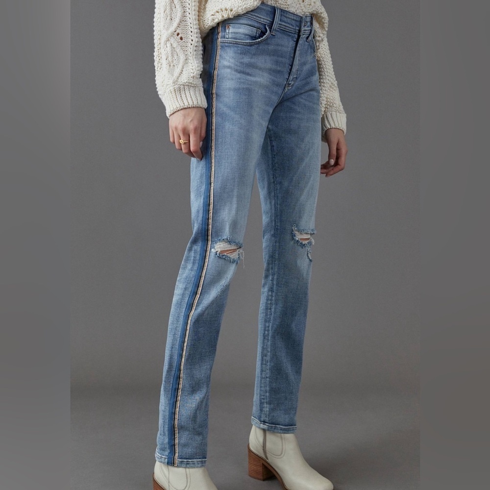 Pilcro Anthropologie Side Stripe Mid-Rise‎ Slim Boyfriend Jeans sz 27 Distressed